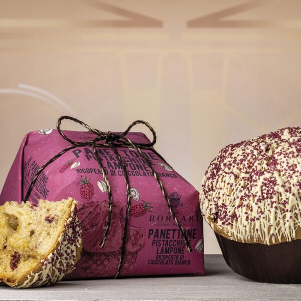Borsari 1902 - Panettone con Lamponi, crema di Pistacchio, ricoperto con cioccolato bianco 1000g Incarto a mano
