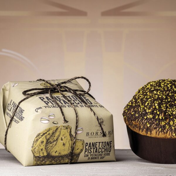 Borsari 1902 - Panettone con crema di Pistacchio, ricoperto con cioccolato e granella di Pistacchio 1000g Incarto a mano
